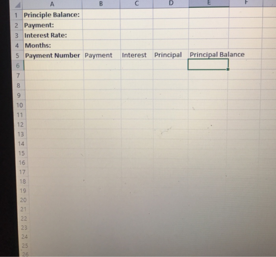 C D 1 Principle Balance: 2 Payment: 3 Interest Rate: 4 Months: 5 Payment Number Payment Interest Principal Principal Balance