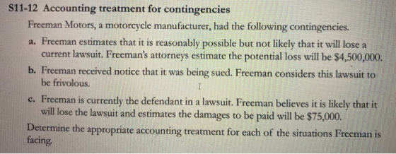 S11-12 Accounting treatment for contingencies Freeman Motors, a motorcycle manufacturer, had the following contingencies. a.