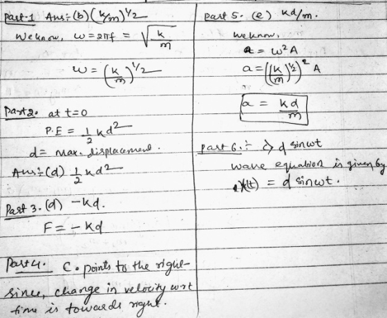 part s. (e) kd/m. past 1 Ans; (b) (m)/2 We know w=a11f we know, a = WA wa ae = A kd part2. at t=0 PE=1 da max displacement. A