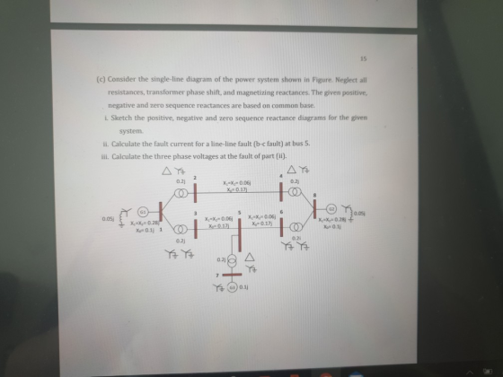 15 (c) Consider the single-line diagram of the power system shown in Figure. Neglect all resistances, transformer phase shift