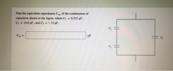 Find the equivalent capacitance Ceg of the combination of capacitors shown in the figure, where C1 0.525 uF C3-10.0 μF , and C3-1.75 μF c,