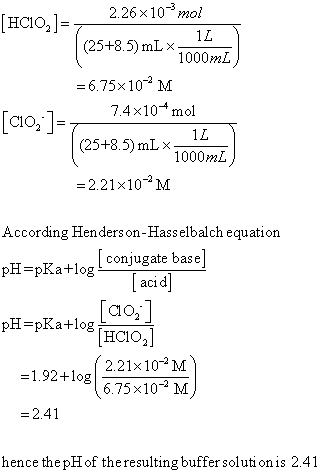 2.26 x10mol [нсIо,]- (25+8.5) mLx 1000mL 6.75x10 M 7.4x10 mol [ao]= (25+8.5) mLx 1000L 2.21x10 M According Henders on-Hasselb