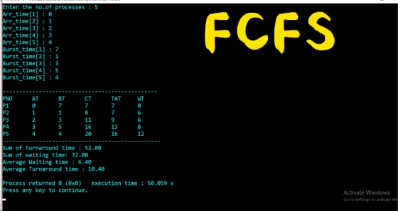 Enter the no.of processes : 5 Arr_time[1] : 0 Arr_time[2] : 1 Arr_time[3] : 2 Arr_time[4] : 3 Arr_time [5] : 4 Burst_time[1]
