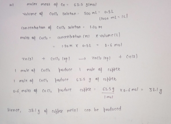 Molar masS C 63.5 mol 1o1 CuClh Soltton Nolume ap 500 mL= 0.5L (to00 mL-11 CICl solution 120 M Concentra ton volume (L) conce