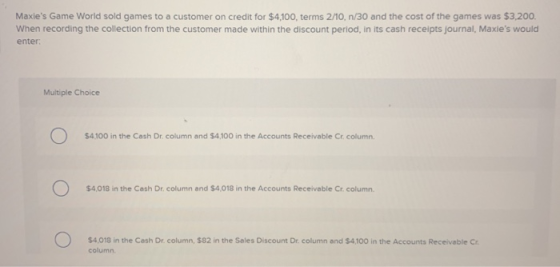 Maxies Game World sold games to a customer on credit for $4,100, terms 2/10, n/30 and the cost of the games was $3,200. When