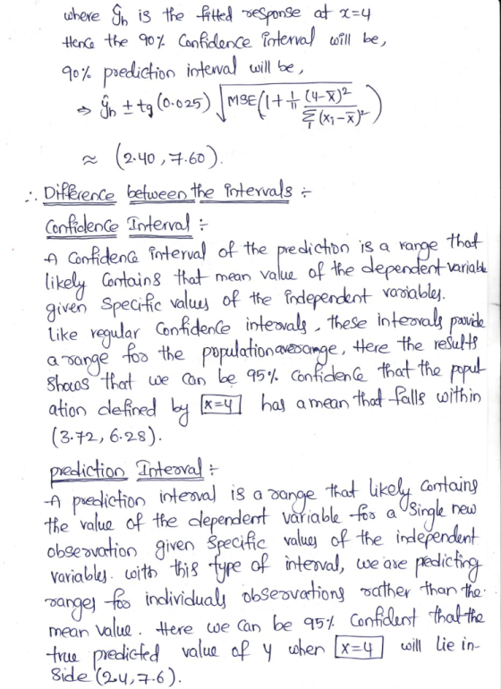 where ŷn is the fitted response at 2=4 Hence the 90% Confidence interval will be 90% prediction interval will be, s yn + tp (