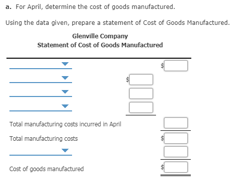a. For April, determine the cost of goods manufactured Using the data given, prepare a statement of Cost of Goods Manufacture