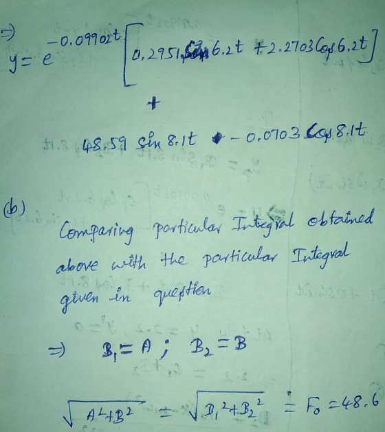 -0.09902t. y=e 0,2951,6mm 6,27 +2.2703661 6,2t + f. 48,59 sin seit -0.0703 Caps.lt ob) Comparing particular Integral obtained