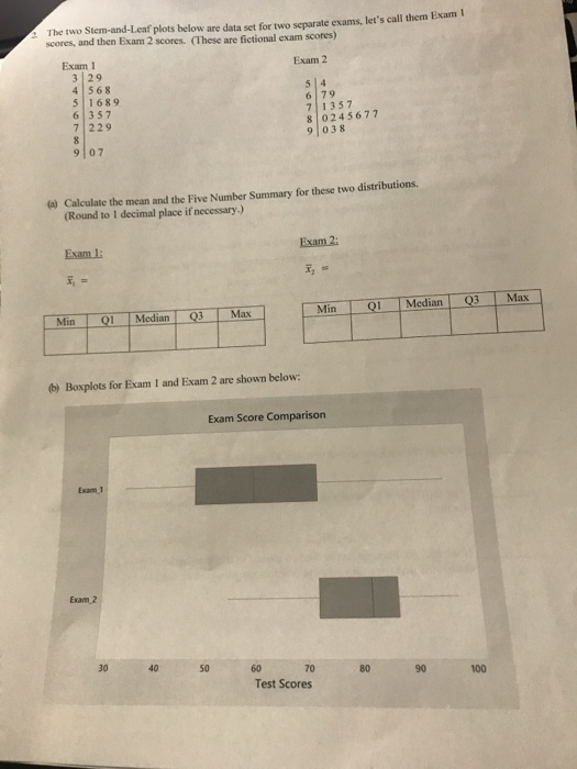 The two Stem-and-Leaf plots below are data set for two searate exams, lets call them Exam scores, and then cam 2 scores. The