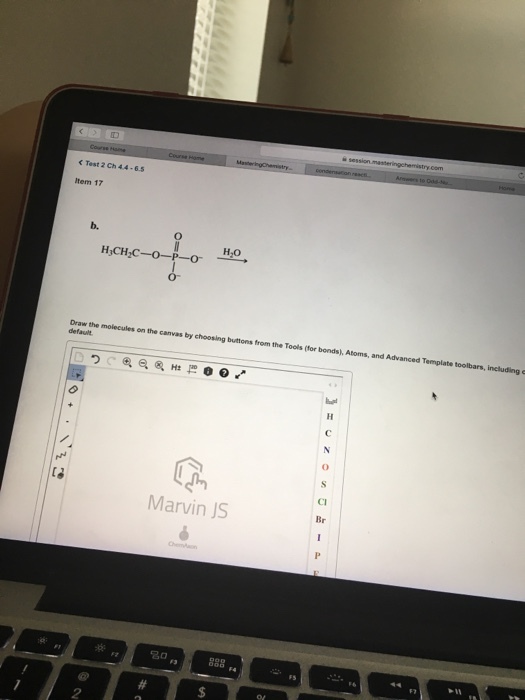 C Test 2 Ch 44-6.5 tem 17 b. H2O Draw the molecules on the canvas by choosing buttons from the Tools (for bonds), Atoms, and Advanced Template toolbars, including CI Marvin JS Br 2