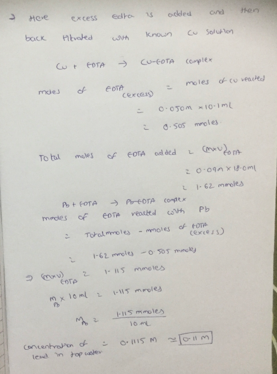 edra Here excess is added and then. back Atvated with known cu solution Cor EDTA - CU-EDTA complex moles of coveached moes of
