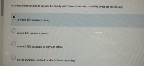 A young father needing to provide his family with financial security would be better off purchasing: a whole life insurance p