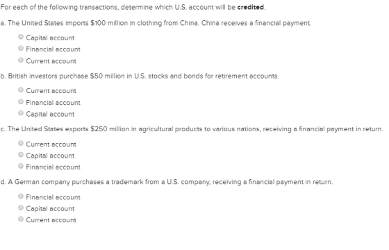 For each of the following transactions, determine which U.S. account will be credited. a. The United States imports $100 mill