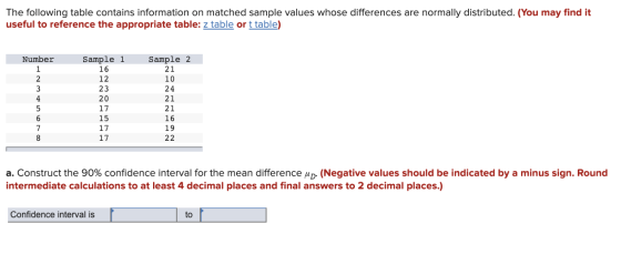 The following table contains information on matched sample values whose differences are normally distributed. (You may find i