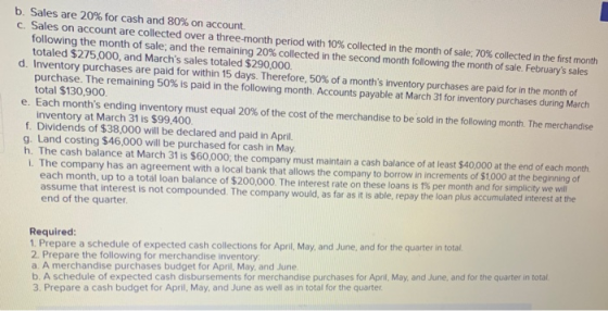 b. Sales are 20% for cash and 80% on account. C. Sales on account are collected over a three-month period with 10% collected