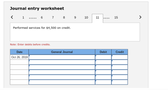 Journal entry worksheet 6 7 9 Performed services for $4,500 on credit Note: Enter debits before credits. Date General Journal Debit Credit Oct 26, 2019