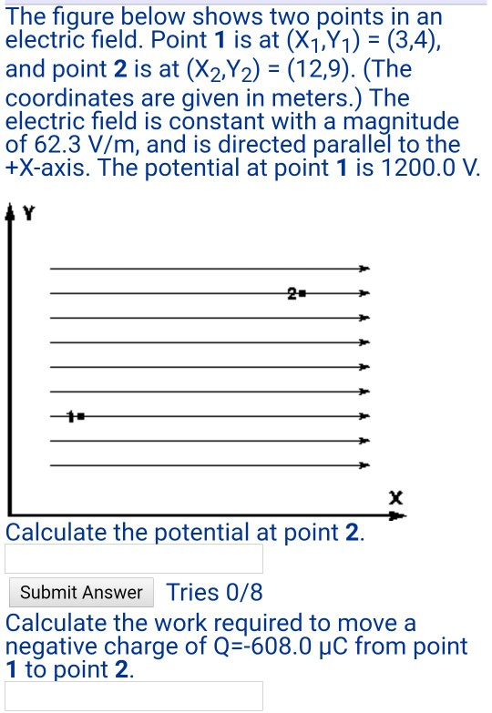 The fiqure below shows two points in an electric field. Point 1 is at (X1Y1) (3,4), and point 2 is at (X2,Y2) = (12,9). (The
