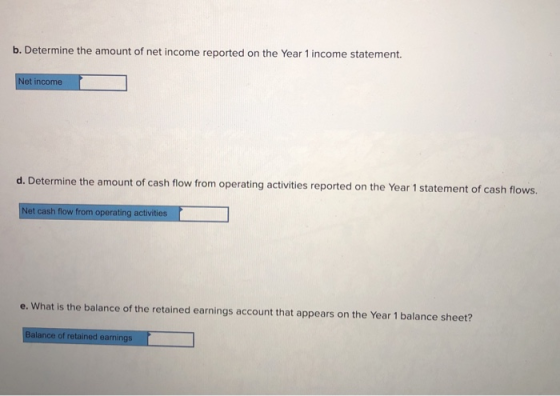 b. Determine the amount of net income reported on the Year 1 income statement. Net income d. Determine the amount of cash flo