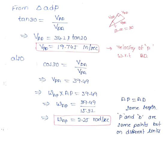 From Dadp tan30 = VPD 130= VOA AVD IDA 13-0€ = 30 → also Vpp = 34.2 x ton30 Vpp = 19.745 to see a velocity of p wort BD. I c