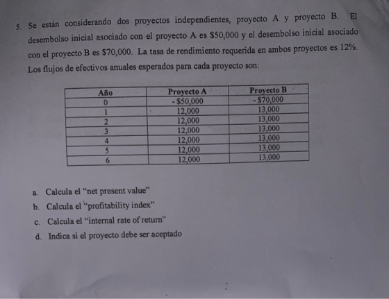 5 Se están considerando dos proyectos independi entes, proyecto A y proyecto B. El desembolso inicial asociado con el proyect