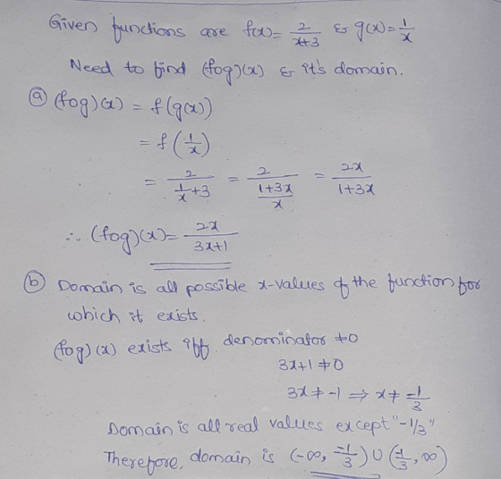 Giver functions are fa 2 & 900-1/ Need to find (fog)(x) & its domain. @ fog)) = f (90) = f (1/2) 2 1+32 2+3 1+30 x (fog)(x)=