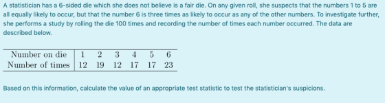 A statistician has a 6-sided die which she does not believe is a fair die. On any given roll, she suspects that the numbers 1