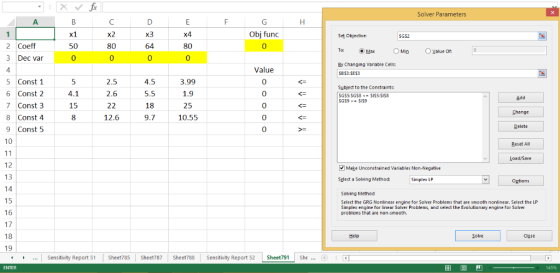 Solver Parameters Obj func Set Objective: SG$2 2 Coeff 3 Dec var 50 80 Max Yalue Of: 0 0 Value 0 0 0 By Changing Variable Cel