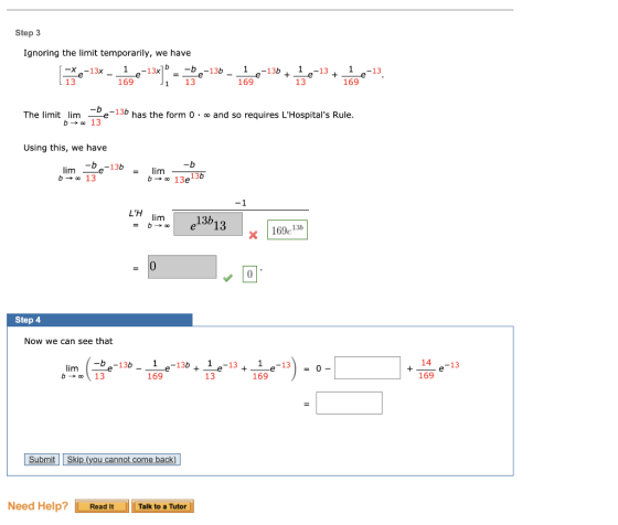 Step 3 Ignoring the limit temporarily, we have -X-13x 1e-13x -be-136 13 169 13 b -13b -13 - 2-13] 1 169 + 1e + 1 -13 e 169 1