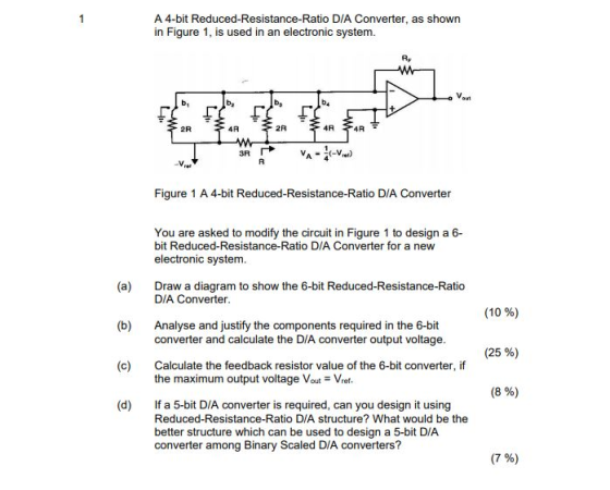 A 4-bit Reduced-Resistance-Ratio D/A Converter, as shown in Figure 1, is used in an electronic system. w 1 to 4R 4R XXX < M 3