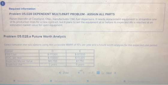 Required information Problem 05.028 DEPENDENT MULTI-PART PROBLEM-ASSIGN ALL PARTS Parker Hannifin of Cleveland, Ohio, manufactures CNG fuel dispensers. It needs replacement equipment to streamline one of its production lines for a new contract, but it plans to sell the equipment at or before its expected life is reached at an estimated market value for used équipment Problem 05.028.a Future Worth Analysis Select between the two options using the corporate MARR of 15% per year and a future worth analysis for the expected use period os xpected Market Value ears