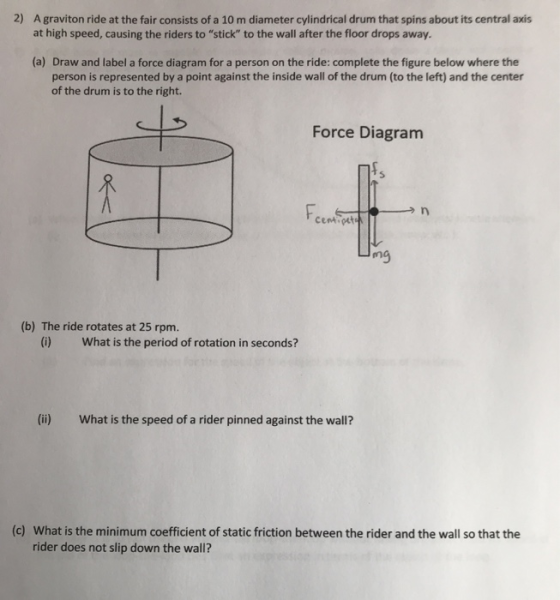 2) A graviton ride at the fair consists of a 10 m diameter cylindrical drum that spins about its central axis at high speed,