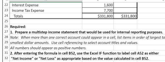 22 Interest Expense 23 Income Tax Expense 1,600 7,700 $331,800 $331,800 24 Totals 25 26 Required: 27 1. Prepare a multistep i