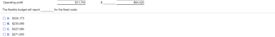 Operating profit $11,700 $ $64,020 The flexible budget will report for the fixed costs. O A. $324,173 OB. $230,069 OC. $327,0