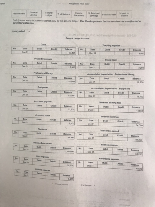 Assignment Print View Requirement General Journal General Ledger Trial Balance Income m ent St Retained Camings ed h Sheet e