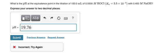 What is the pH at the equivalence point in the titration of 100.0 mL of 0.0500 M HOCI (Ka = 3.5 x 10-8) with 0.400 M NaOH? Ex