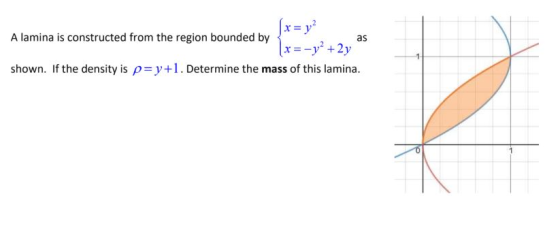 Jr=y A lamina is constructed from the region bounded by as lx=-y + 2)), shown. If the density is p=y+1. Determine the mass of