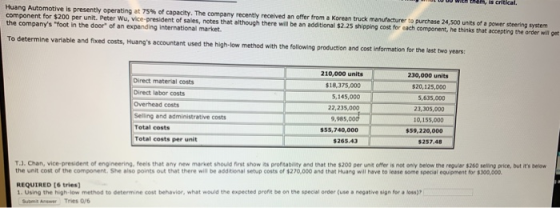 Huang Automotive is presently operating at 75% of capacity. The company recently received an offer from a Korean truck manufa