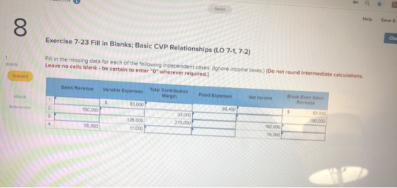 Help Save & Exercise 7-23 Fill in Blanks; Basic CVP Relationships (LO 7-1, 7-2) Che Fill in the missing data for each of the