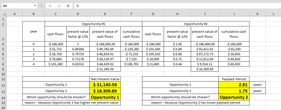 x B4 А C D E F G Н I J K L 1 Opportunity #2 Opportunity #1 2 present value present value of present value present value of cu