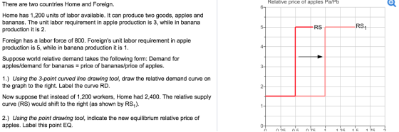 Relative price of apples Pa/Pb There are two countries Home and Foreign. Home has 1,200 units of labor available. It can produce two goods, apples and bananas. The unit labor requirement in apple production is 3, while in banana production it is 2. Foreign has a labor force of 800. Foreigns unit labor requirement in apple production is 5, while in banana production it is 1. Suppose world relative demand takes the following form: Demand for apples/demand for bananas = price of bananas/price of apples. 1.) Using the 3-point curved line drawing tool, draw the relative demand curve on the graph to the right. Label the curve RD. Now suppose that instead of 1,200 workers, Home had 2,400. The relative supply curve (RS) would shift to the right (as shown by RS1). 2.) Using the point drawing tool, indicate the new equilibrium relative price of apples. Label this point EQ. 0260 60 75