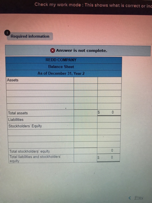 Check my work mode: This shows what is correct or ind Required information Answer is not complete. REDD COMPANY Balance Sheet