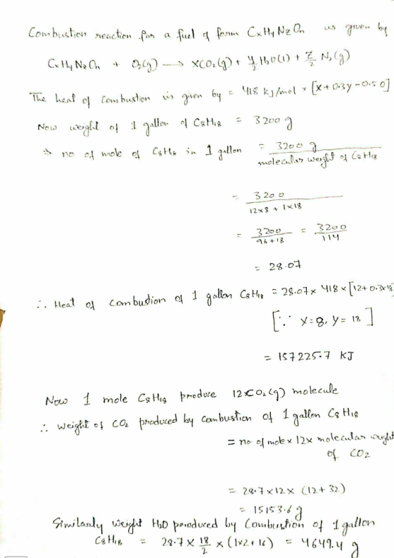 Combustion reaction for a fuel a form CxHy Nz On us given by Cute No On + 0,4 --> XCO:(g) + 4.1501) + Ng The head of combusti