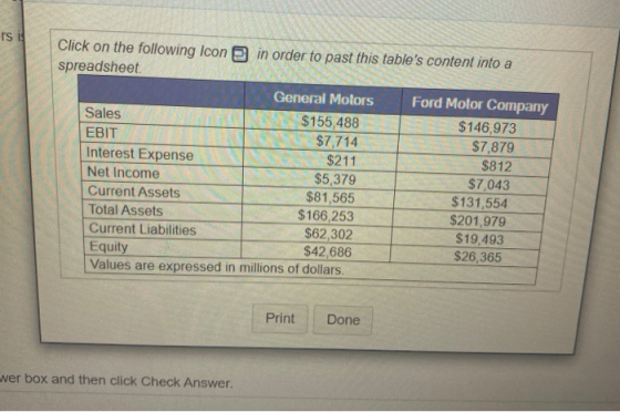 rs i Click on the following Icon in order to past this tables content into a spreadsheet General Motors Ford Motor Company S