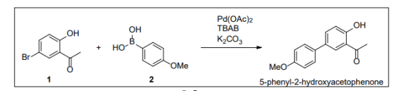Pd(OAc)2 TBAB K2CO3 . + H0 محBr V TOME Me0 5-phenyl-2-hydroxyacetophenone