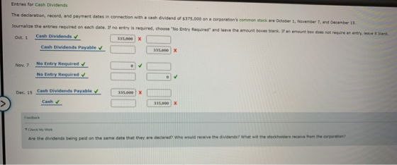 Entries for Cash Dividends The declaration, record, and payment dates in connection with a cash dividend of $375,000 on a cor