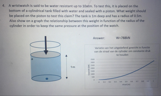 4. A wristwatch is said to be water resistant up to 10atm. To test this, it is placed on the bottom of a cylindrical tank fil