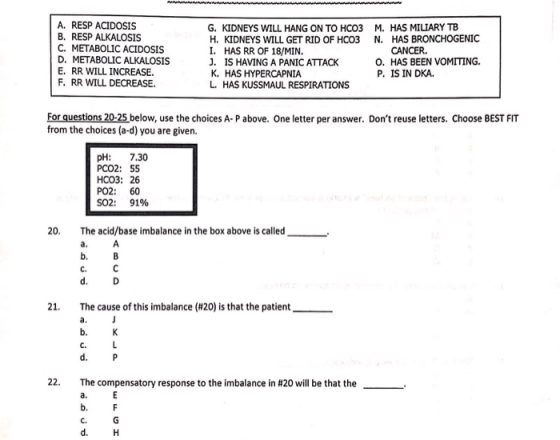 A. RESP ACIDOSIS B. RESP ALKALOSIS M. HAS MILARY TB N. HAS BRONCHOGENIC CANCER O. HAS BEEN VOMITING. P. IS IN DKA. G. KIDNEYS