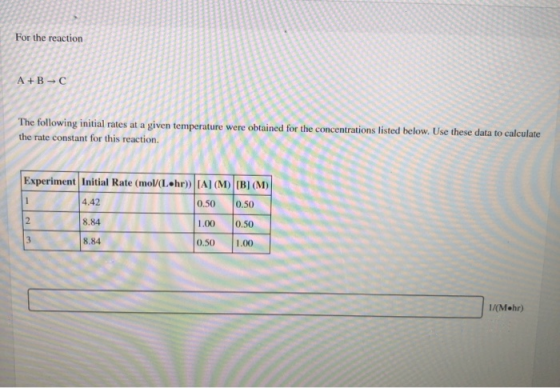 For the reaction A +B - C The following initial rates at a given temperature were obtained for the concentrations listed belo