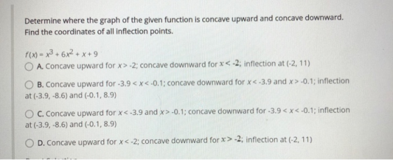 Determine where the graph of the given function is concave upward and concave downward. Find the coordinates of all inflectio