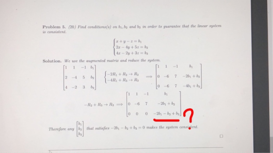 Problem 5. (20) Find conditions(s) on bi, bz and by in order to guarantee that the linear system 13 consistent *+y-2=b 2x - 4